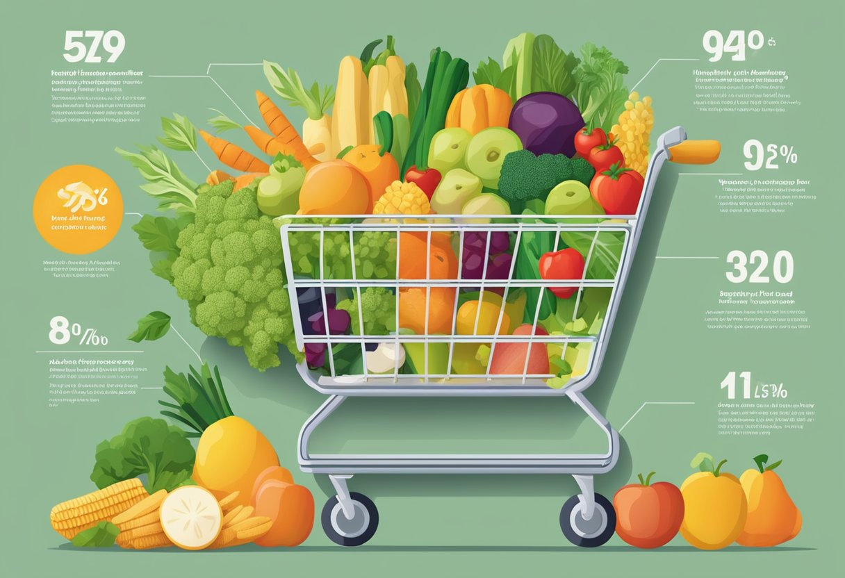 A colorful array of fresh fruits and vegetables fills the shopping cart, alongside whole grains, lean proteins, and low-fat dairy products. The budget-friendly Aldi grocery list reflects a commitment to choosing healthy options