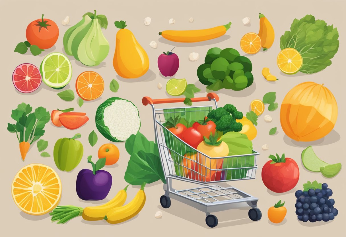 A colorful array of fresh fruits, vegetables, whole grains, and lean proteins fill a shopping cart at Aldi, showcasing a healthy and budget-friendly grocery list