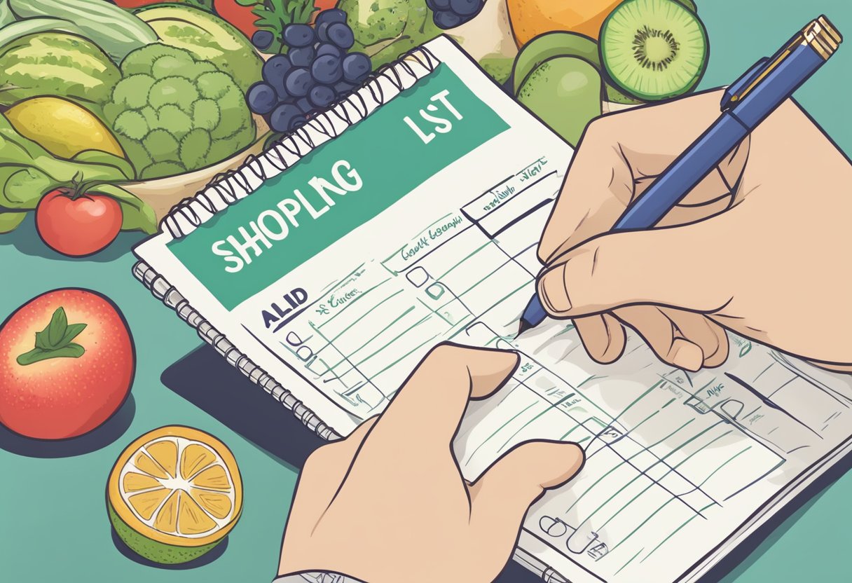 A hand holding a pen writes "Smart Aldi Shopping List" on a notepad. Fresh fruits, vegetables, and budget-friendly items are listed for a healthy grocery haul at Aldi