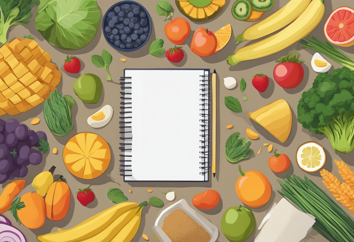 A colorful array of fresh fruits, vegetables, and whole grains sits on a kitchen counter next to a budget-friendly grocery list from Aldi. A meal planner and pen are nearby, ready to create healthy and affordable dishes