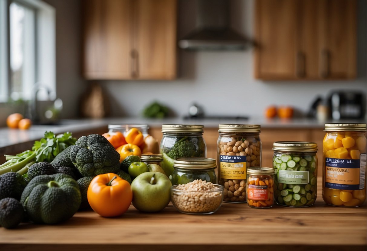 A kitchen counter with neatly organized groceries from Aldi, including fresh produce, canned goods, and meal prep containers