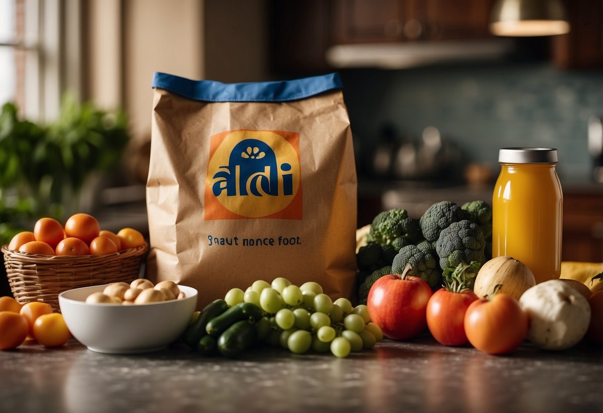 Aldi logo on a grocery bag, surrounded by fresh produce, canned goods, and recipe books on a kitchen counter