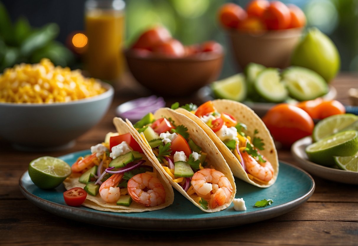 A colorful spread of zesty shrimp tacos on a vibrant table, surrounded by fresh ingredients and summer vibes