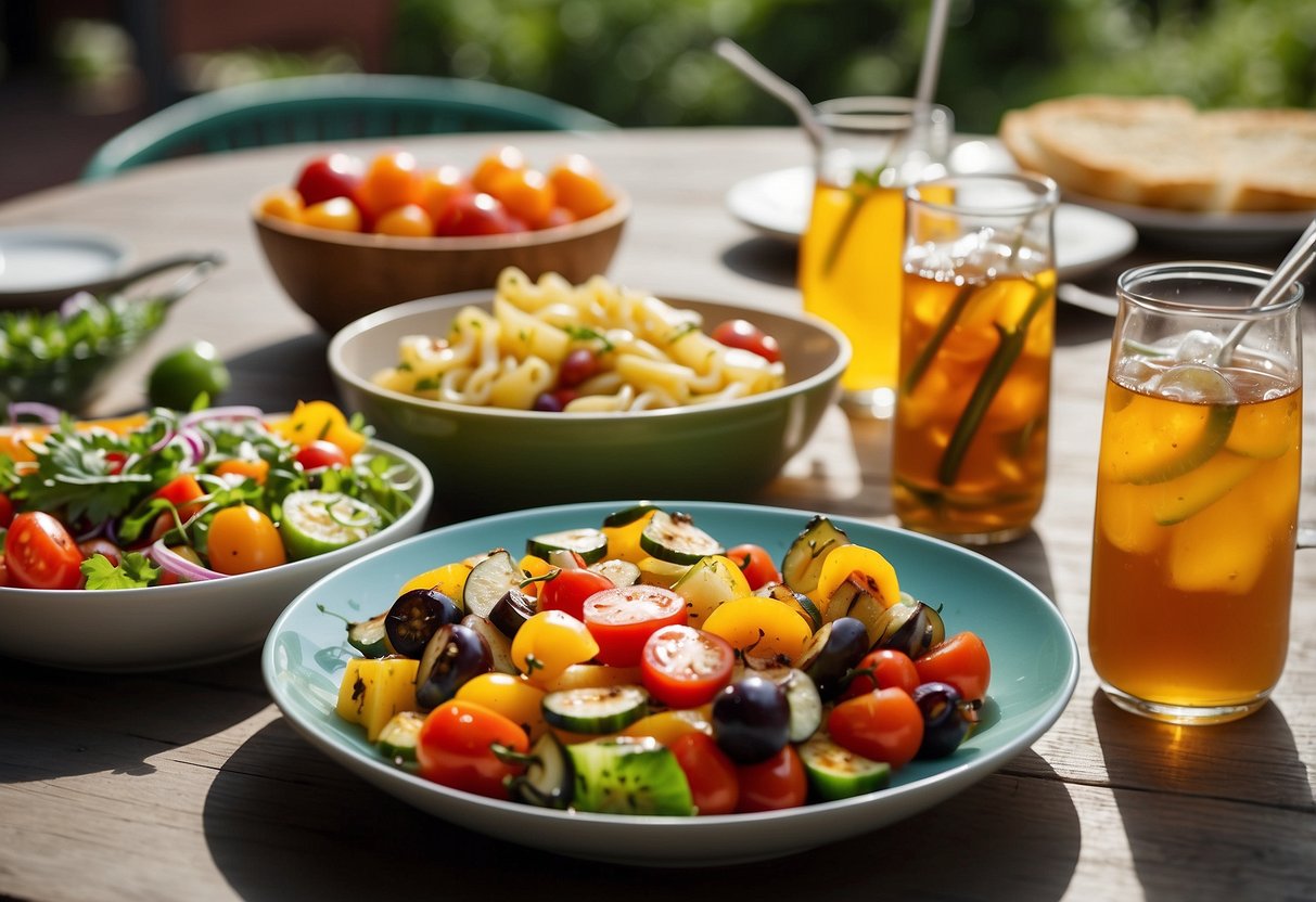 A table set with colorful plates of grilled vegetables, fresh salads, and fruit skewers. A pitcher of iced tea and a bowl of pasta salad complete the summery spread