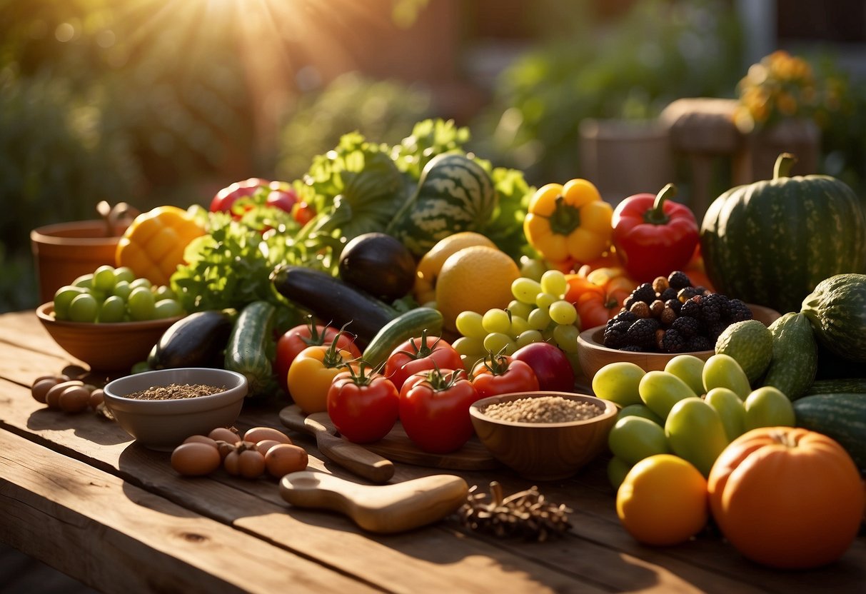 A colorful array of fresh fruits and vegetables, grilling tools, herbs, and spices laid out on a wooden table, with a warm evening sun casting a golden glow over the scene