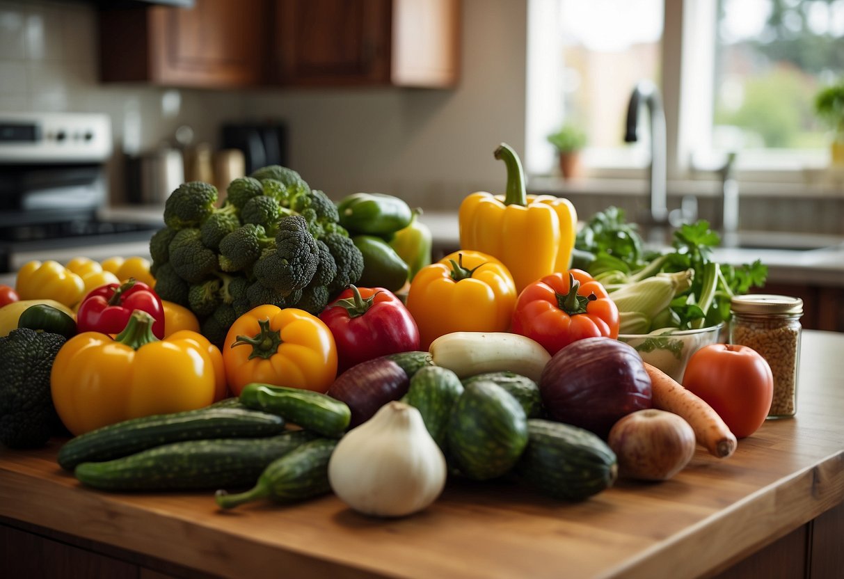 A colorful array of fresh produce, pantry staples, and Aldi brand products laid out on a clean kitchen counter, ready to be transformed into delicious and quick dinner recipes