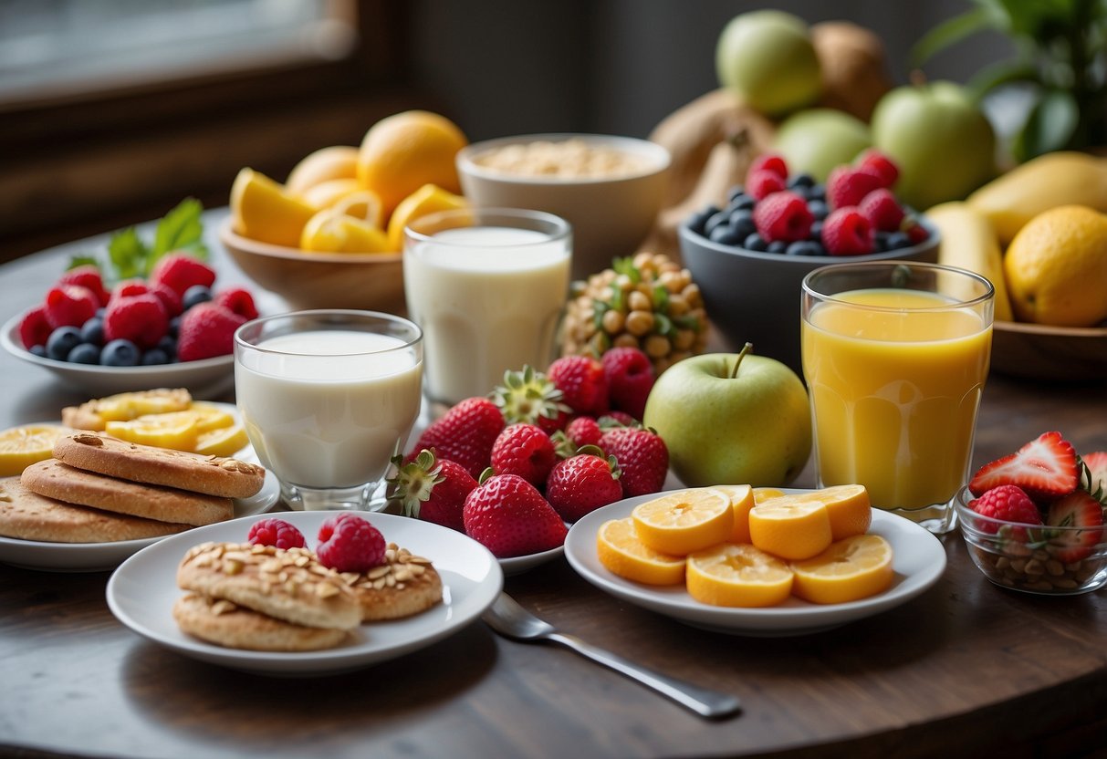 A table set with a variety of colorful and delicious breakfast options, including fresh fruit, yogurt parfaits, smoothie bowls, and a selection of pastries