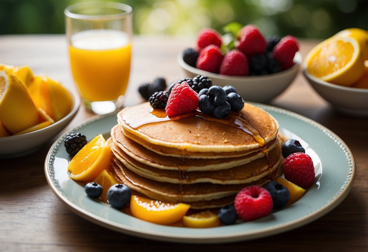 A plate of whole grain pancakes topped with fresh berries, surrounded by a colorful assortment of summer fruits and a glass of orange juice