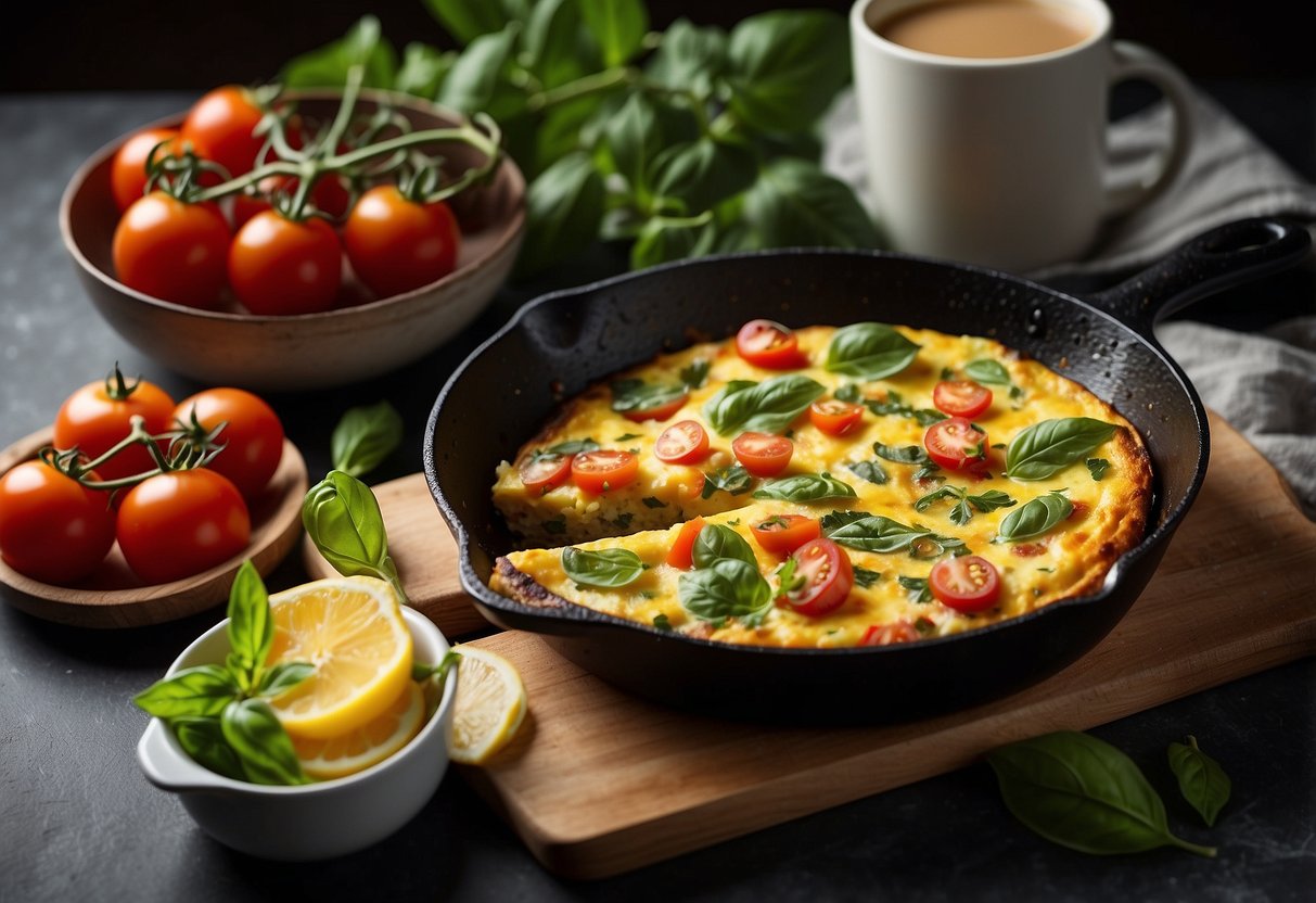 A sizzling frittata in a cast iron skillet, filled with vibrant red tomatoes and fresh green basil, surrounded by a colorful array of summer fruits and a steaming cup of coffee