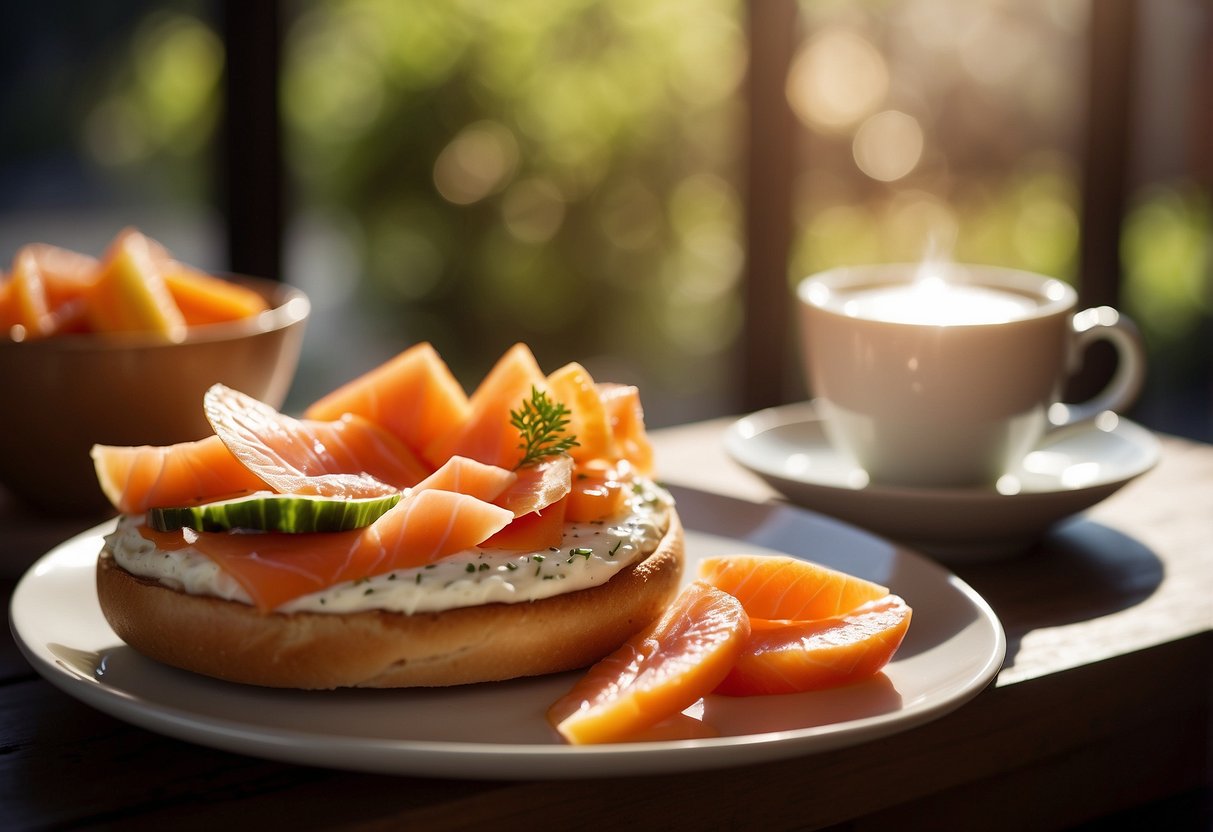 A toasted bagel topped with cream cheese and smoked salmon, surrounded by fresh fruit and a steaming cup of coffee. Sunshine streams in through a window, casting a warm glow over the breakfast spread