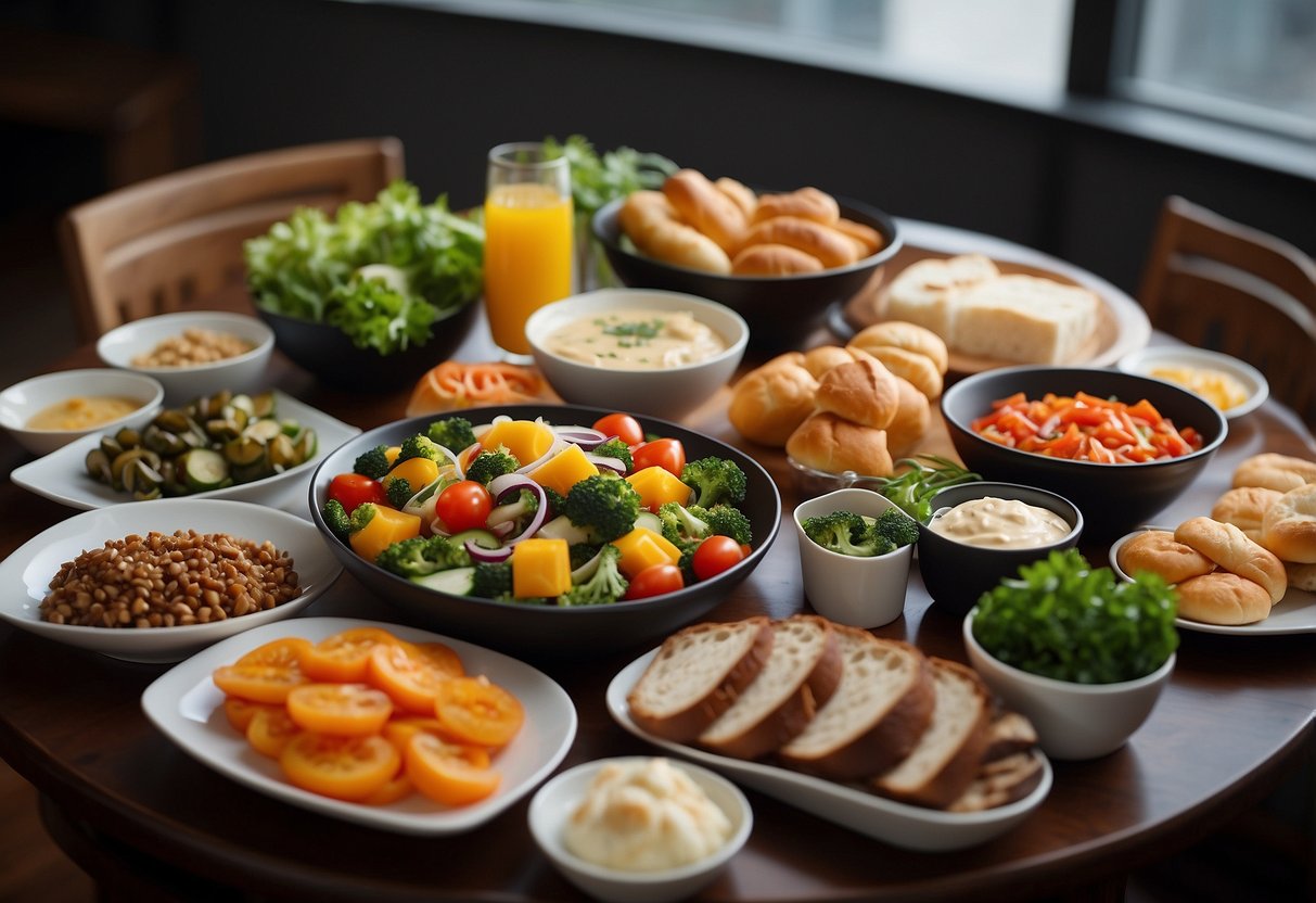 A table set with a variety of side dishes and accompaniments, including colorful salads, steamed vegetables, and bread rolls, arranged neatly on serving platters and bowls