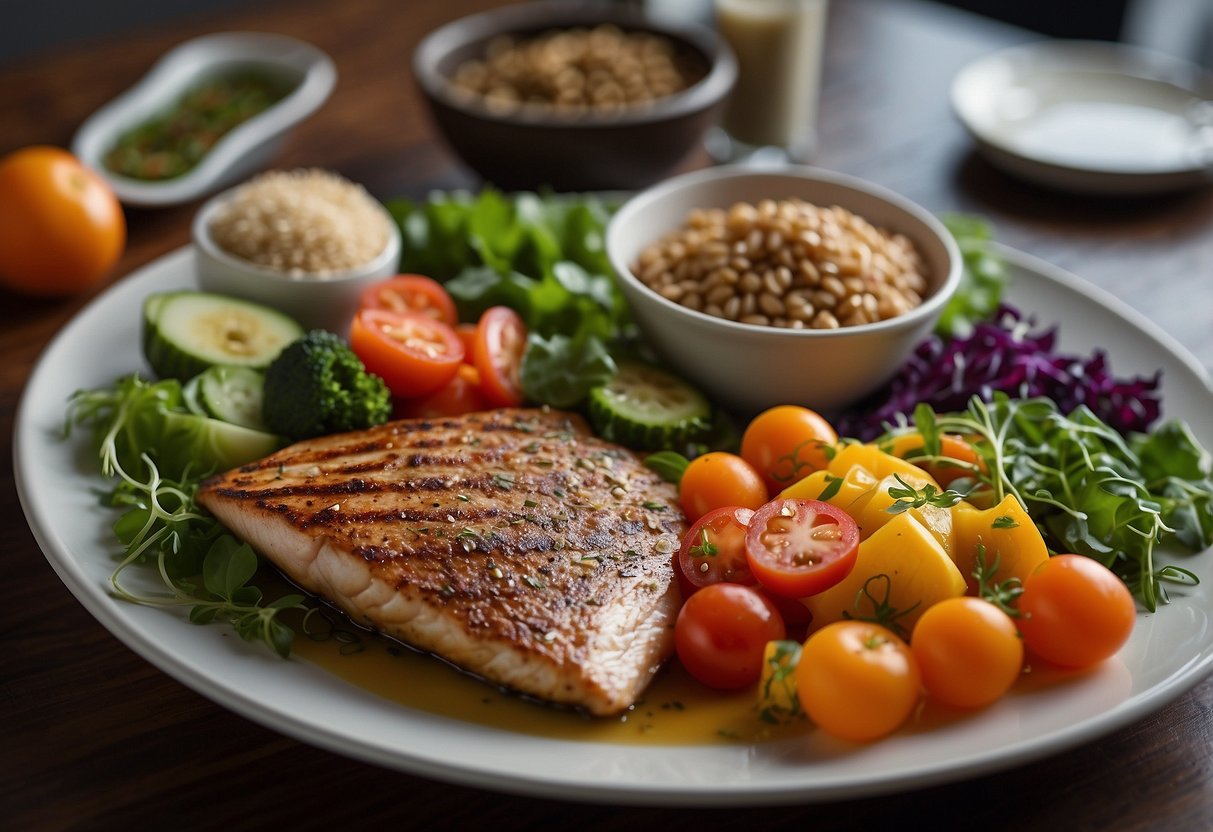 A table set with colorful vegetables, whole grains, and lean proteins. Steam rises from a hearty soup, while a vibrant salad sits next to a grilled fish dish