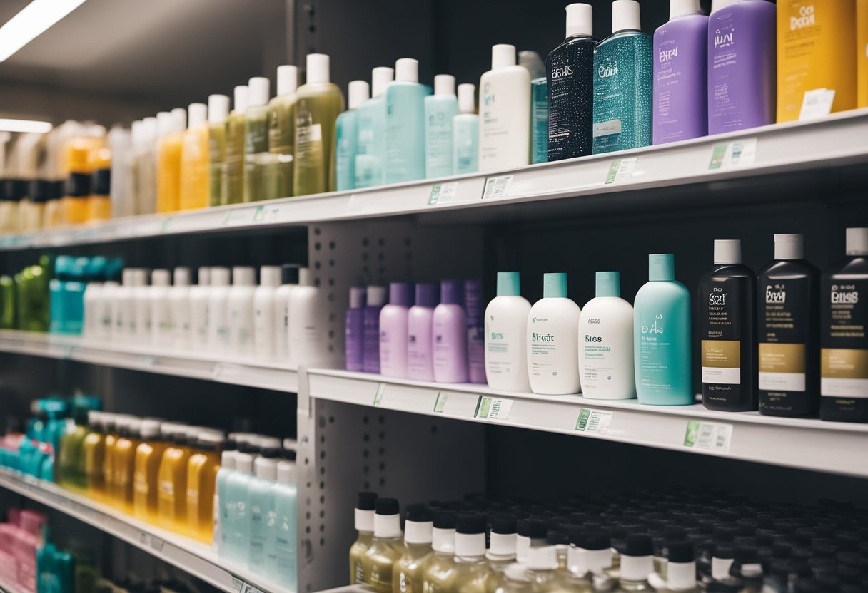 A bottle of best oily hair shampoo sits on a shelf at Target, surrounded by various hair care products