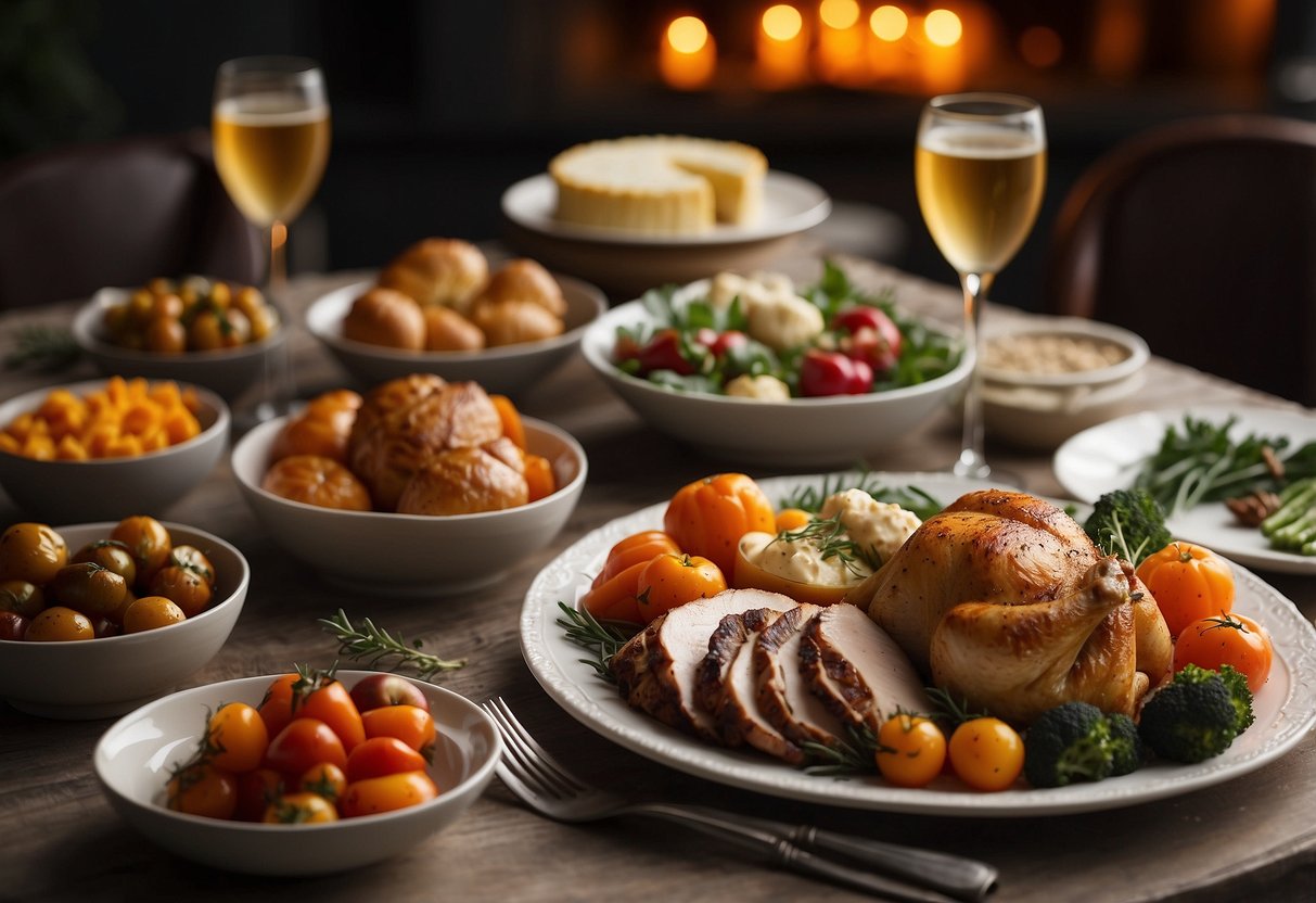 A table set with a variety of seasonal dishes, including roasted vegetables, stuffed turkey, and festive desserts, all arranged in an inviting and appetizing display