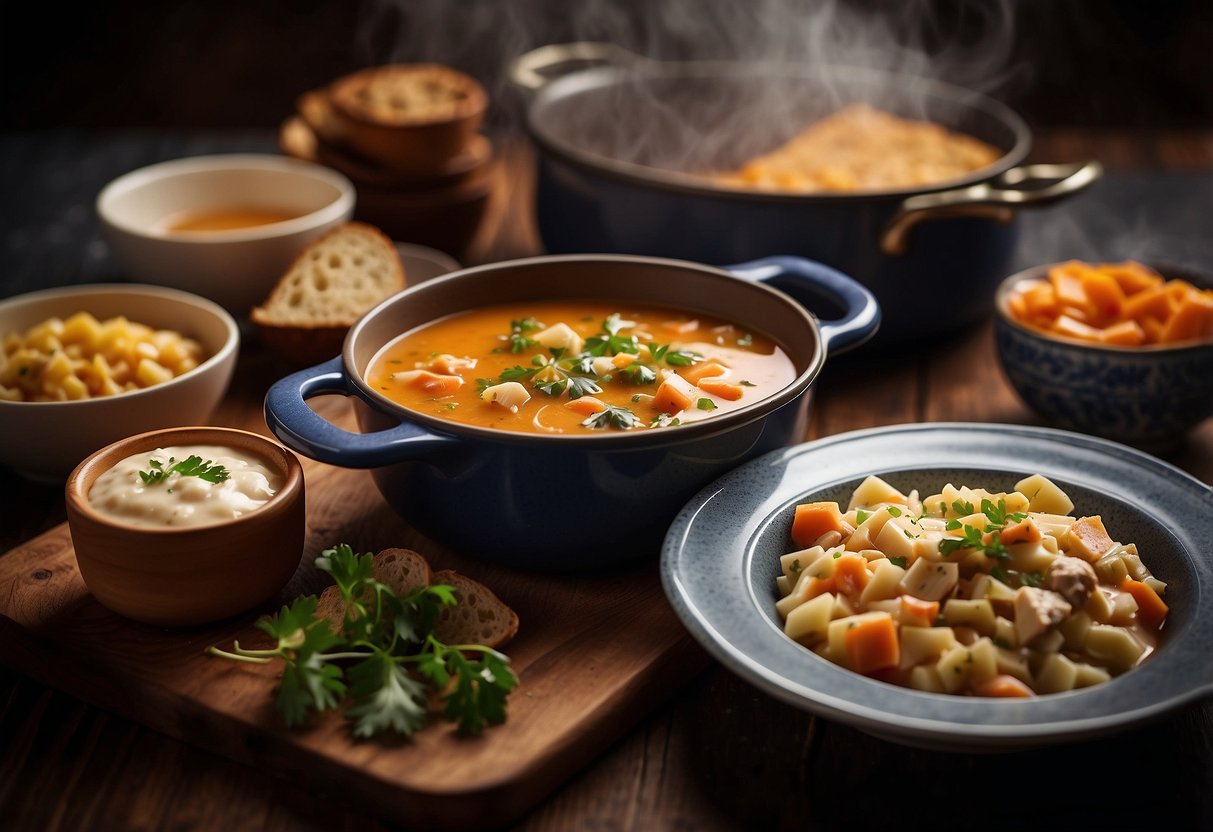 A table set with steaming dishes of hearty comfort foods from Aldi, including warm soups, savory casseroles, and crusty bread