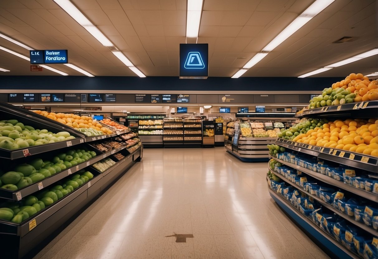 A bustling Aldi store with colorful produce, neatly stacked shelves, and busy checkout lanes. Signs display dinner ideas and money-saving tips