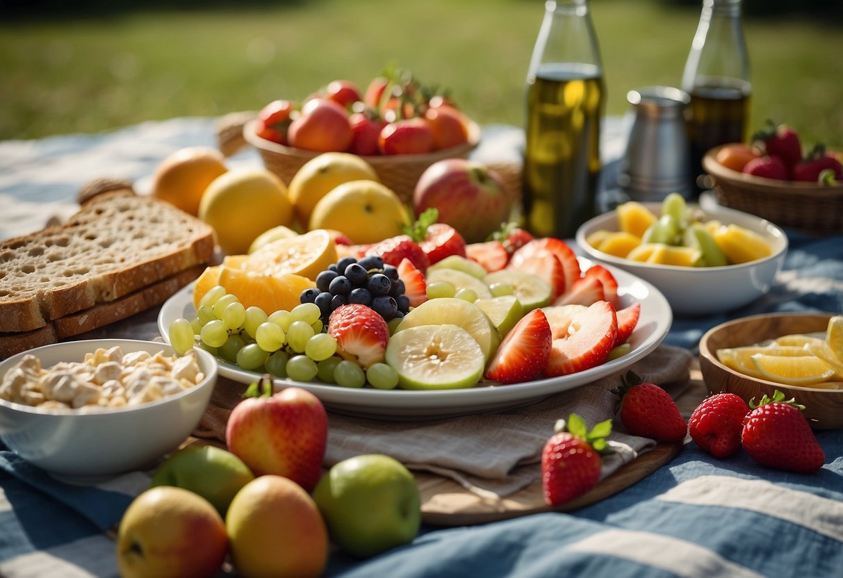 A picnic blanket spread out with a variety of fresh fruits, sandwiches, and salads from Aldi. A sunny day with a light breeze and a colorful array of food