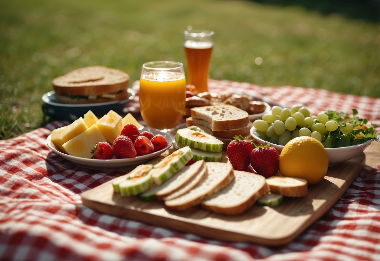 A colorful picnic spread with fresh fruits, sandwiches, and salads on a checkered blanket under a bright sun