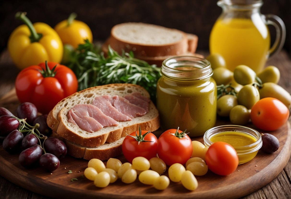 A colorful spread of fresh produce, bread, and deli meats on a wooden cutting board, with a jar of mustard and a bottle of olive oil nearby