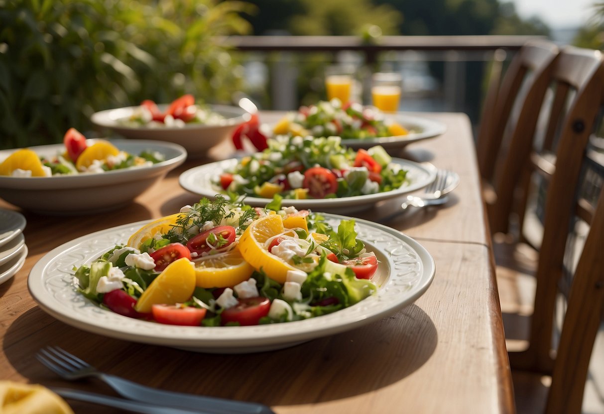 A table set with vibrant, fresh side dishes and salads, surrounded by colorful summer decorations and bathed in natural sunlight