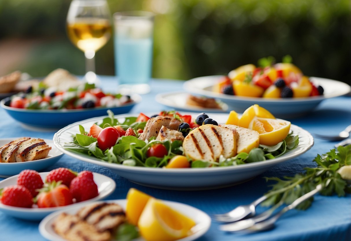 A table set with colorful summer dishes, from fresh salads to grilled meats and fruit desserts, under a bright blue sky