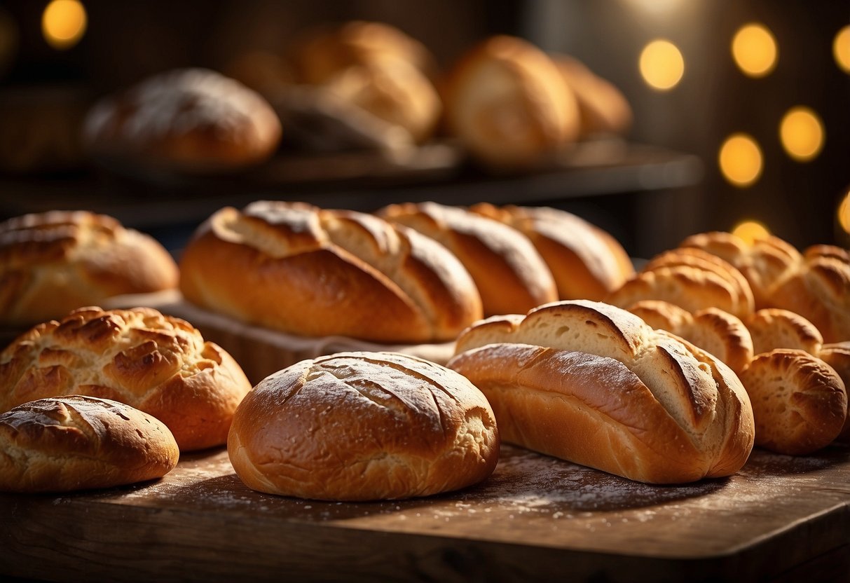 A table overflowing with freshly baked bread, pastries, and cakes from Aldi. The warm, golden hues of the baked goods evoke a feeling of joy and satisfaction