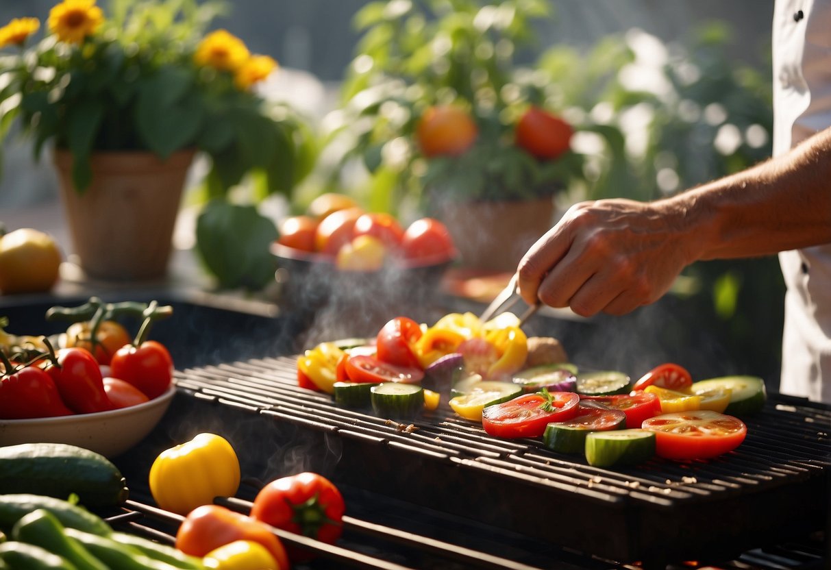 Fresh ingredients sizzle on a hot grill. A chef flips colorful vegetables and juicy meats. The sun shines as a refreshing salad is tossed