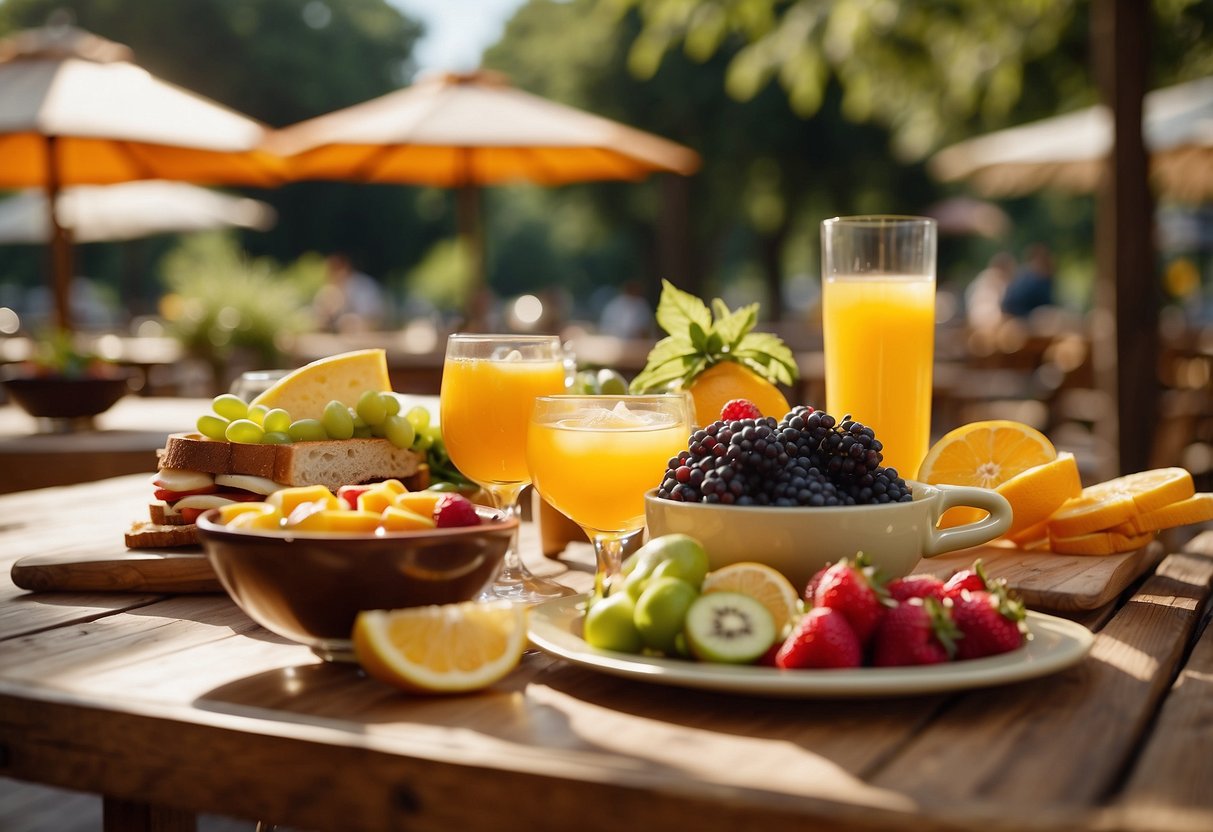 A table set with cold drinks, fresh fruits, and sandwiches under a bright sun, surrounded by greenery and colorful umbrellas