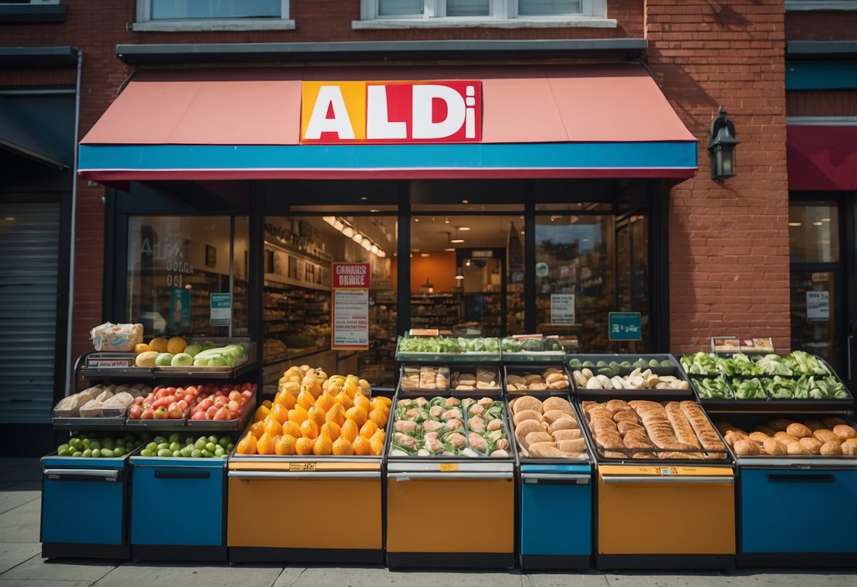 A bustling city street with a colorful Aldi convenience store front, showcasing a variety of fresh and easy summer lunch ideas in vibrant packaging