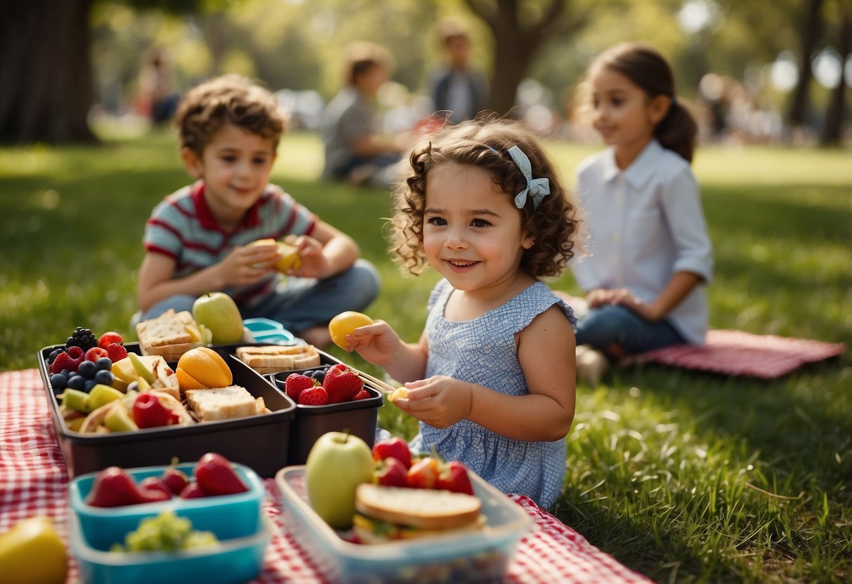 Children enjoying themed picnic lunches in a sunny park, with colorful bento boxes, fruit skewers, and mini sandwiches. Decorative napkins and fun, reusable lunch containers add to the festive atmosphere