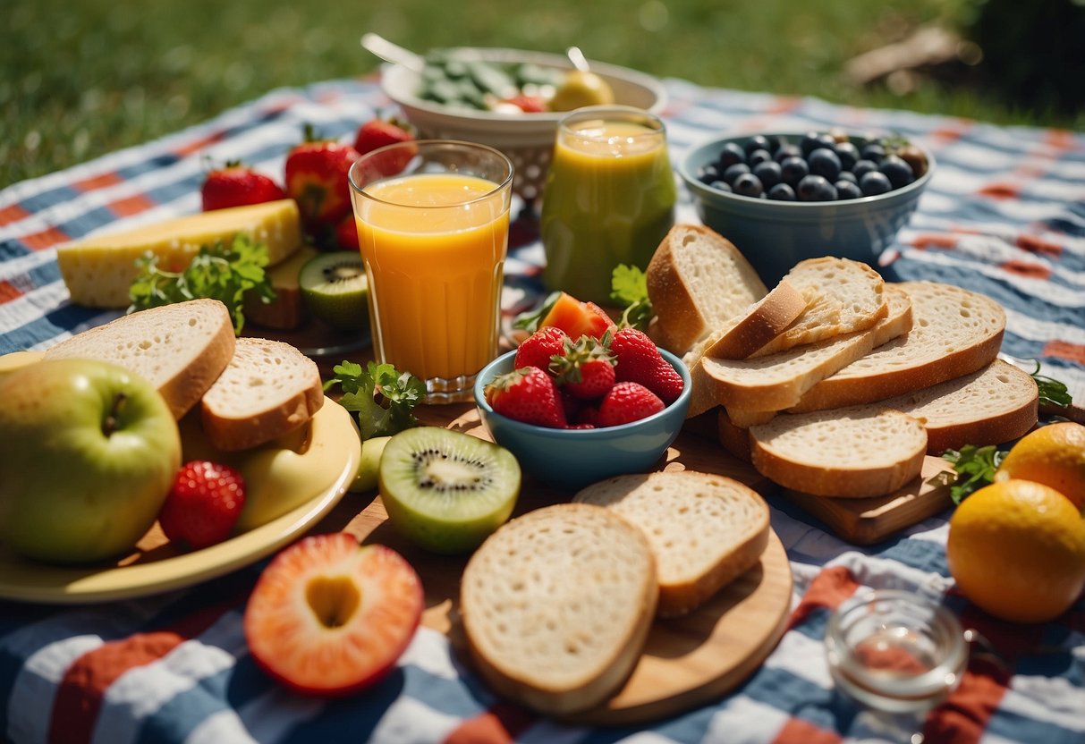 A picnic blanket spread with colorful fruits, vegetables, and sandwiches from Aldi. The sun shines down on a refreshing spread of summer foods for a healthy and delicious outdoor lunch