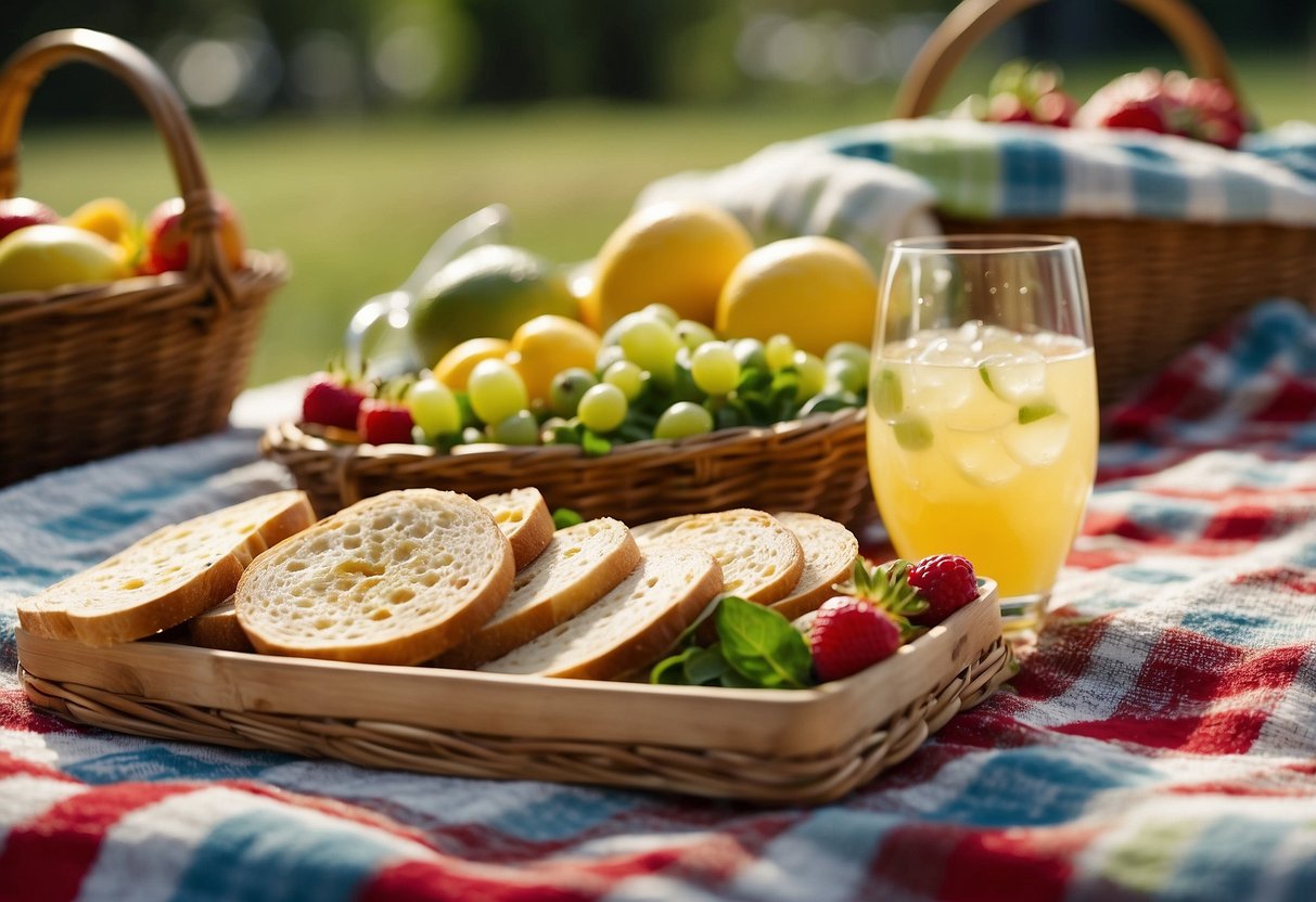 A colorful picnic spread with fresh fruits, sandwiches, and salads on a checkered blanket under a sunny sky. A bottle of sparkling lemonade and a basket of artisanal bread complete the scene