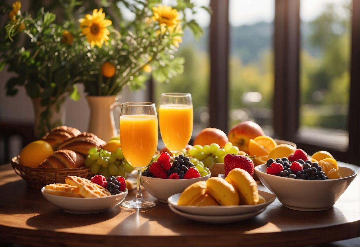 A table set with colorful fruits, pastries, and fresh juice. The sun shines through the window, highlighting the delicious breakfast options on the summer food menu