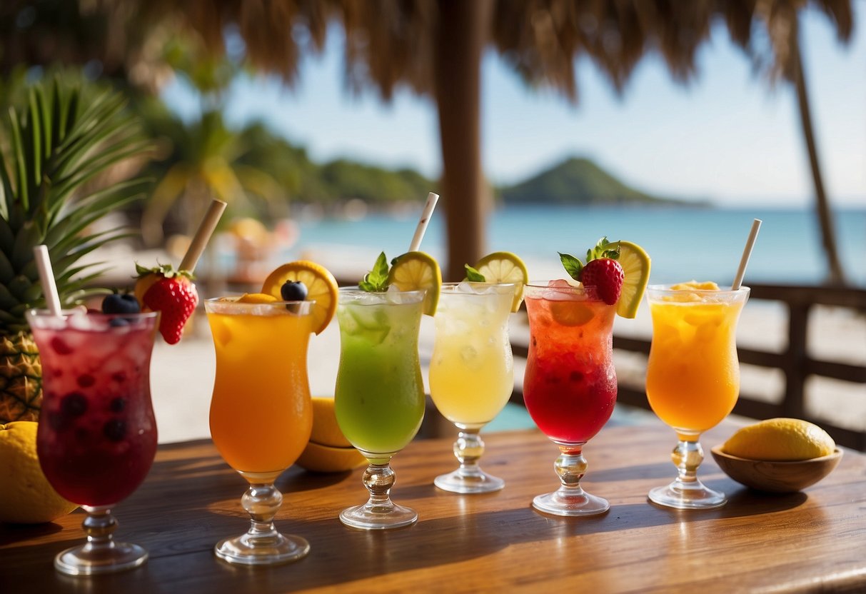 A colorful array of fruity cocktails on a beachside table, surrounded by tropical fruits and umbrellas