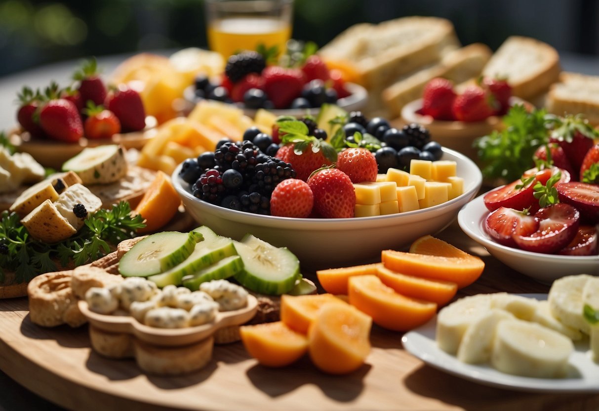 A table spread with colorful, fresh snacks and appetizers for a summer food menu. Fruits, vegetables, cheeses, and dips are arranged in an inviting display
