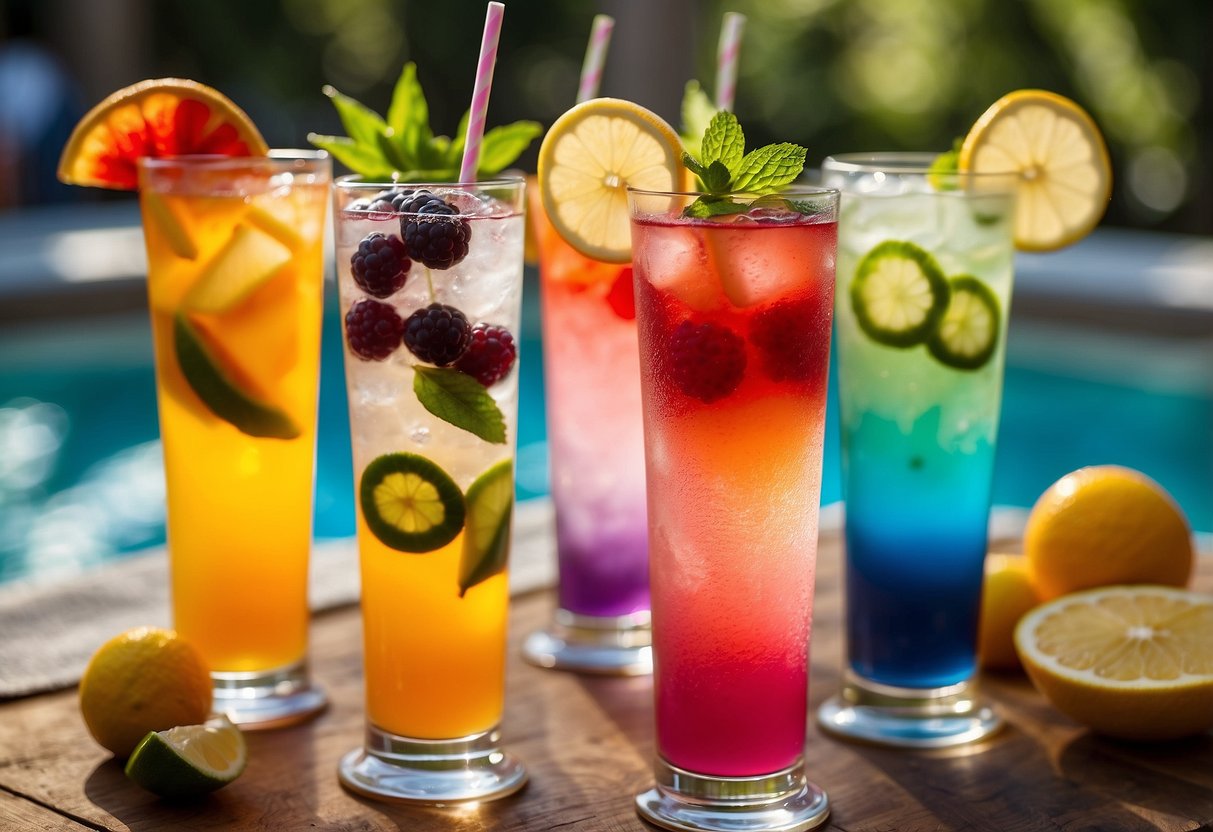 A colorful array of non-alcoholic mocktails on a summer food menu. Fruity, refreshing drinks with vibrant garnishes and decorative glassware