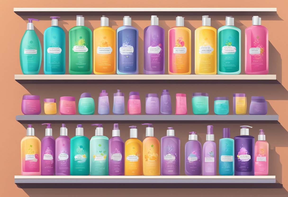 Bottles of vibrant shampoo and conditioner on a shelf, labeled "best for colored hair," with a colorful background