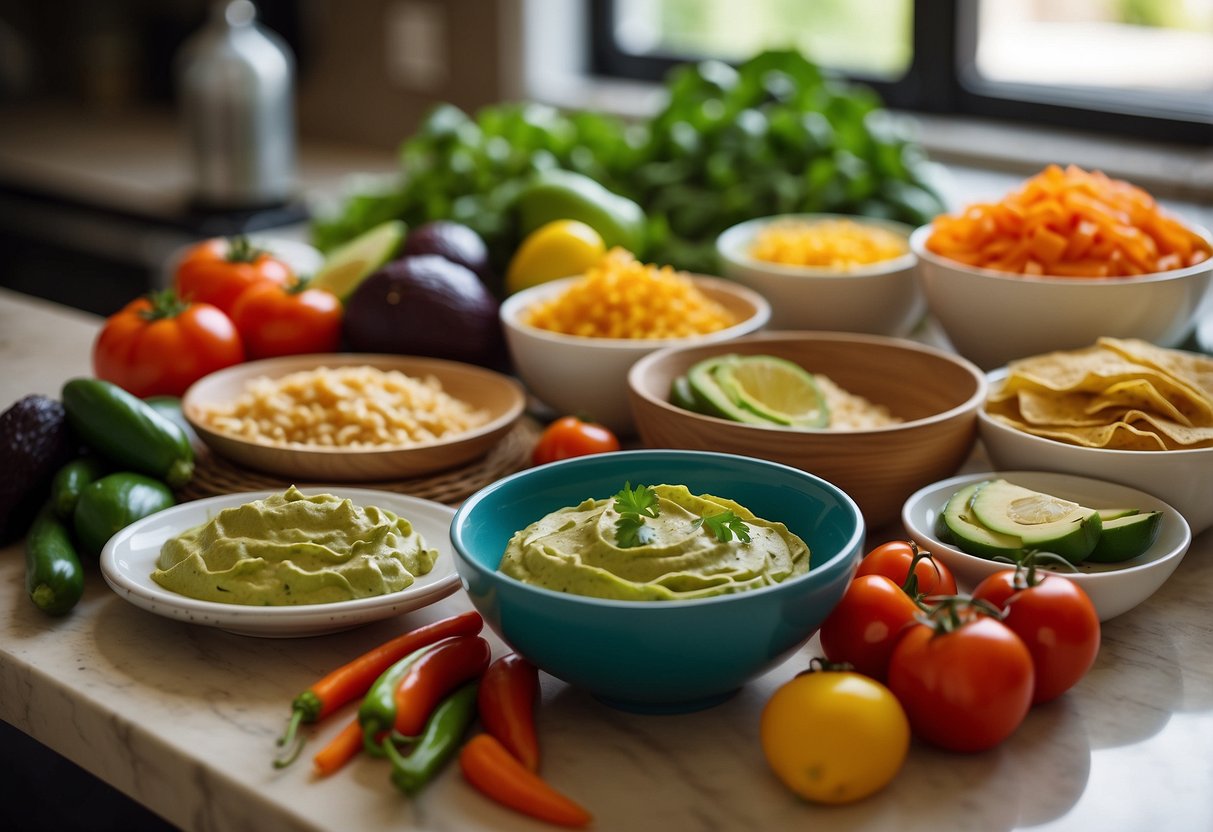 Colorful array of fresh vegetables and tortillas laid out on a clean kitchen counter, with bowls of hummus and guacamole nearby