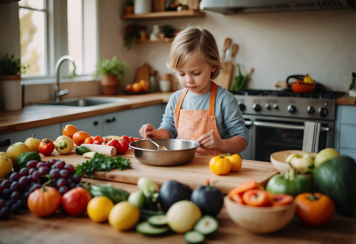 Children cooking simple meals with colorful ingredients and easy-to-use kitchen tools in a bright, organized kitchen setting