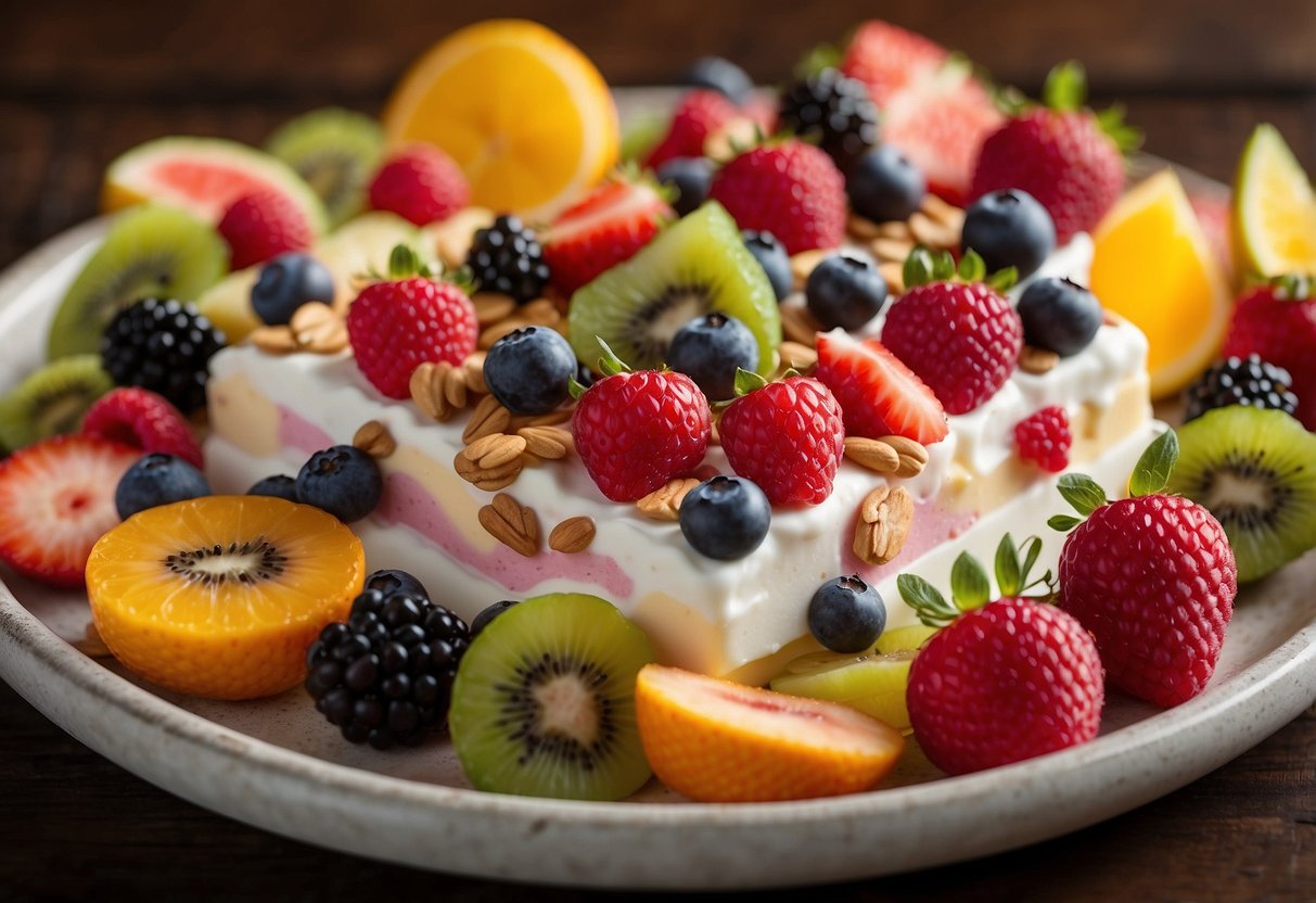 A colorful array of frozen yogurt bark arranged on a tray, surrounded by various toppings and fruit slices