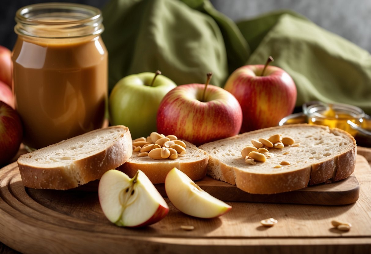 A table with ingredients: bread, apples, peanut butter, and honey. A knife spreads peanut butter on bread, while apple slices are arranged on top