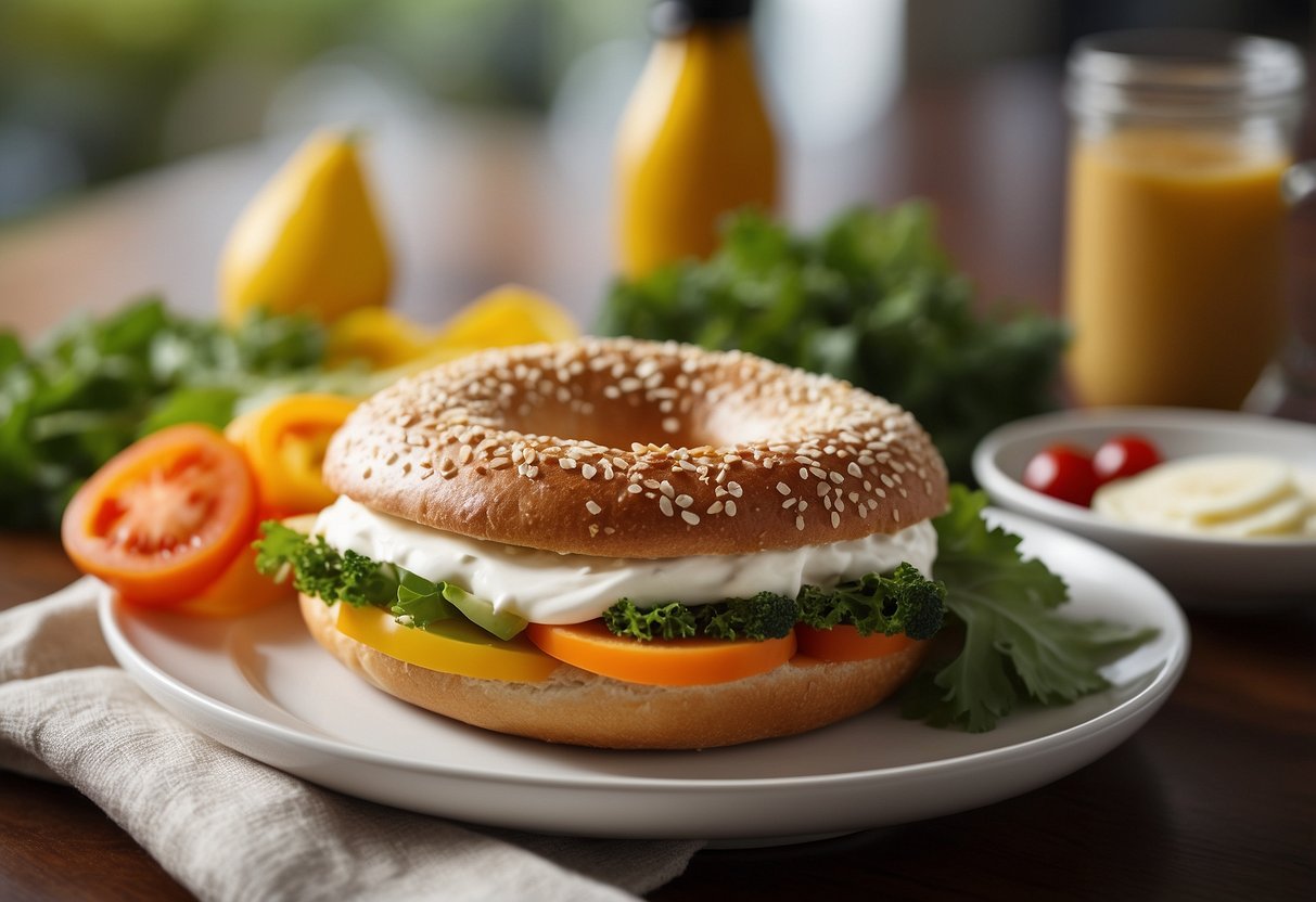 A bagel with cream cheese and veggies sits on a plate, surrounded by colorful and fresh ingredients. The setting is bright and inviting, with a sense of ease and simplicity