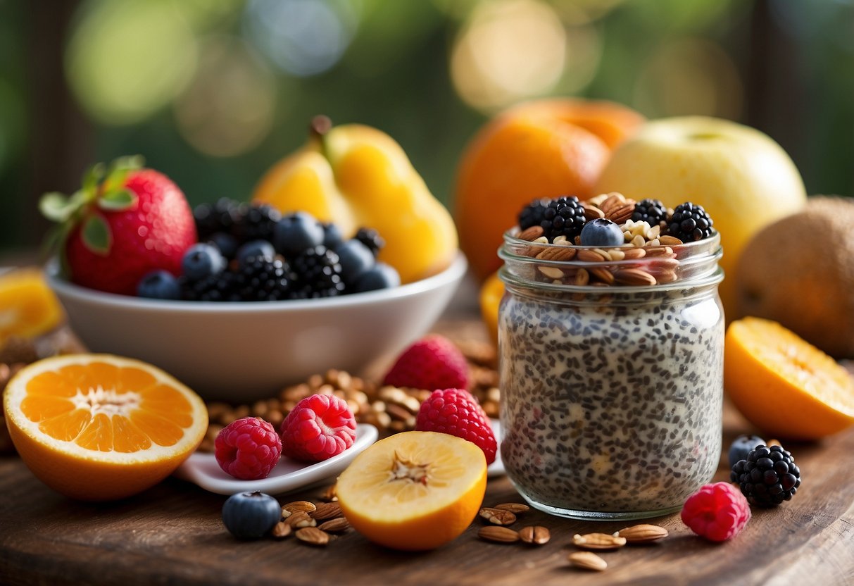 A glass jar filled with chia seed pudding, topped with fresh fruit and a sprinkle of granola, surrounded by a variety of colorful fruits and nuts