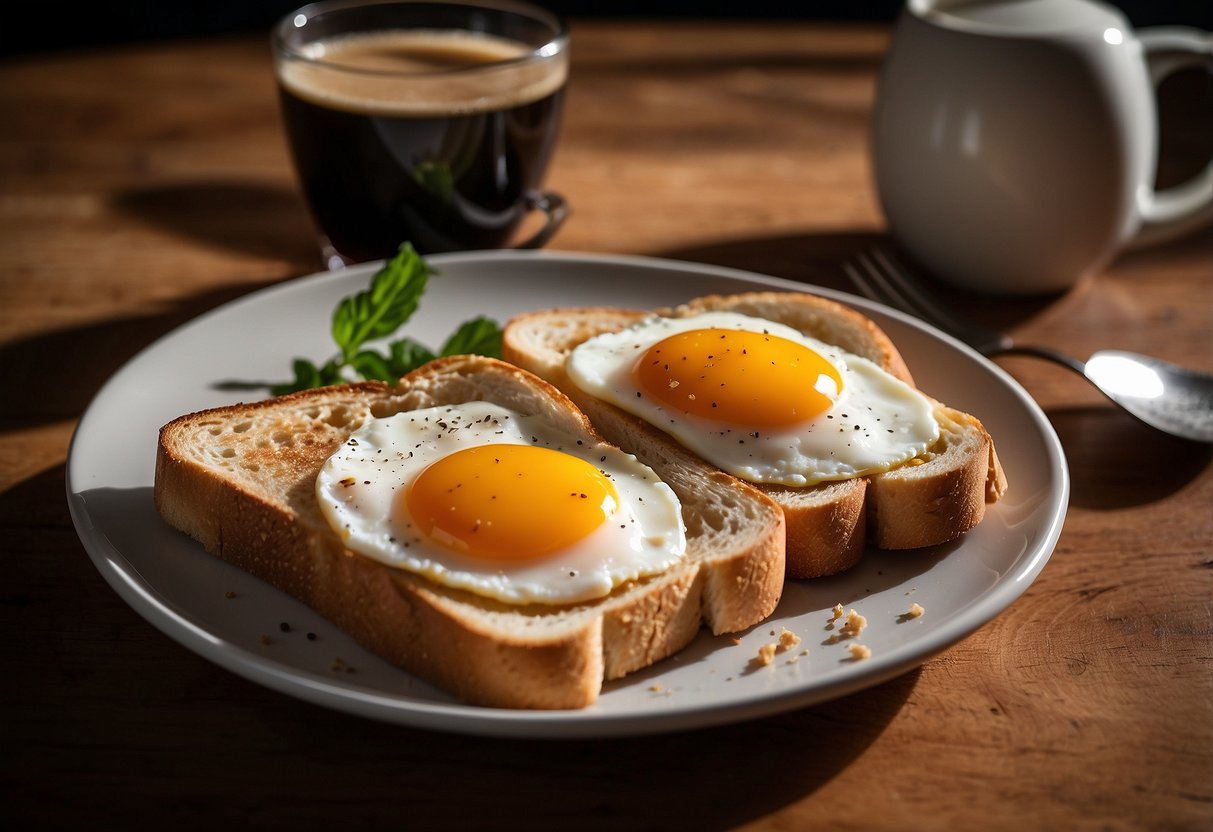 A plate with two slices of toast, topped with butter and two sunny-side-up eggs. A mug of coffee sits next to the plate