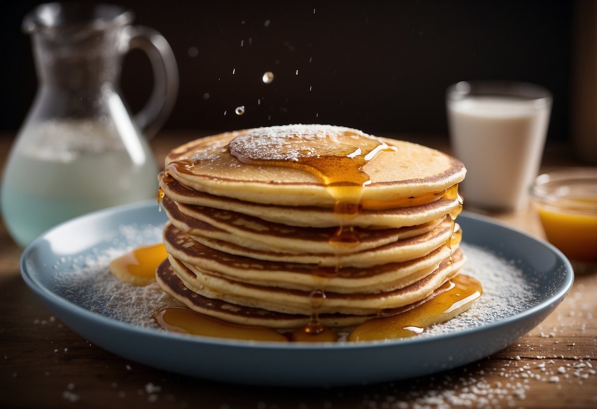 A box of pancake mix sits next to a measuring cup of water. A spoon stirs the mixture in a bowl. A stack of fluffy pancakes sits on a plate