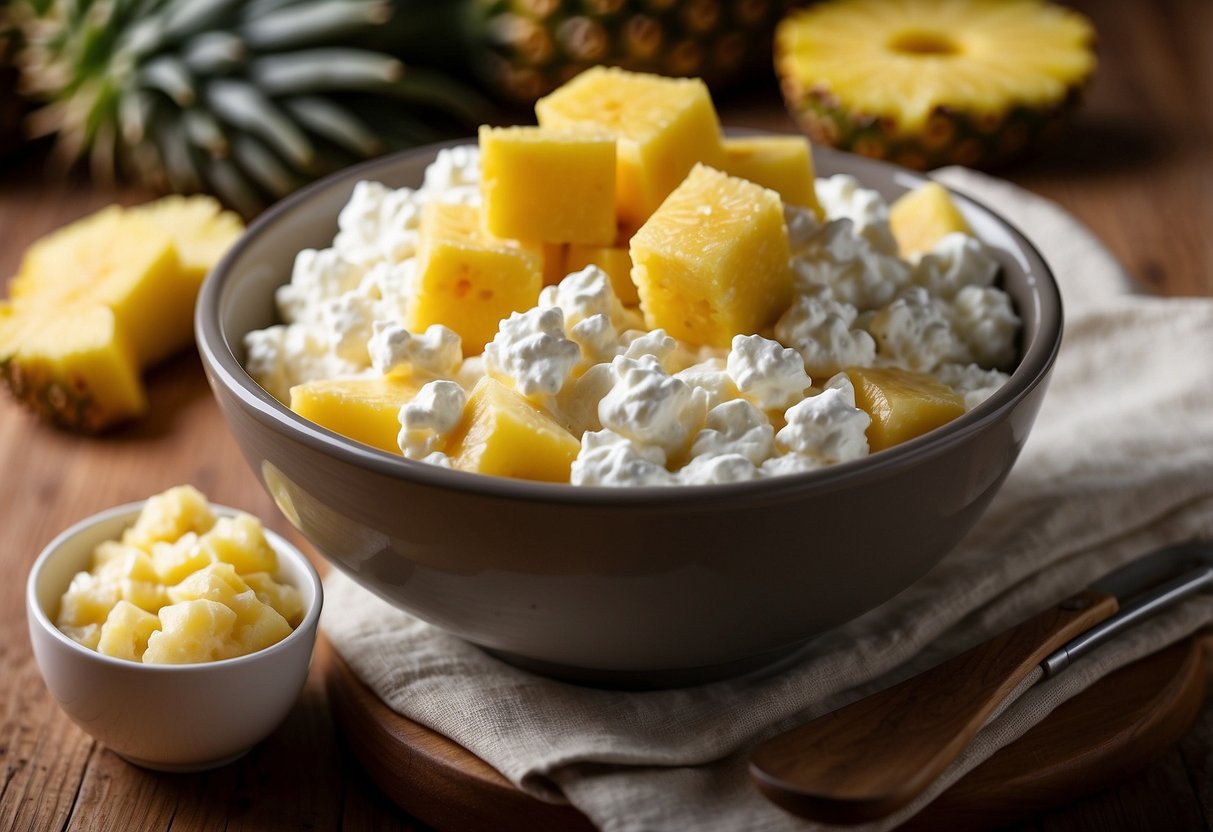 A bowl of cottage cheese topped with pineapple sits on a wooden table surrounded by a spread of other frugal breakfast options