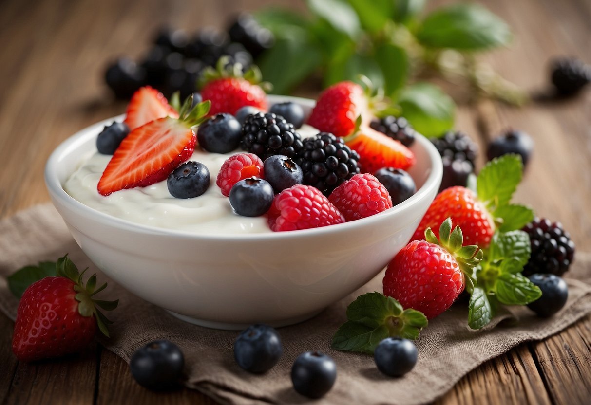 A bowl of Greek yogurt topped with fresh berries, surrounded by a variety of low calorie, high protein, and low carb meal options