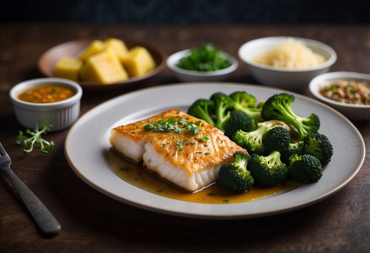 A plate of baked cod with steamed broccoli, surrounded by other low calorie, high protein, low carb meals