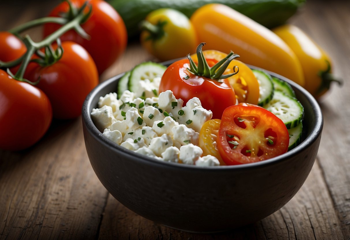 A colorful bowl filled with cottage cheese, cherry tomatoes, cucumber slices, and bell pepper strips. A sprinkle of black pepper and a drizzle of olive oil top off the dish