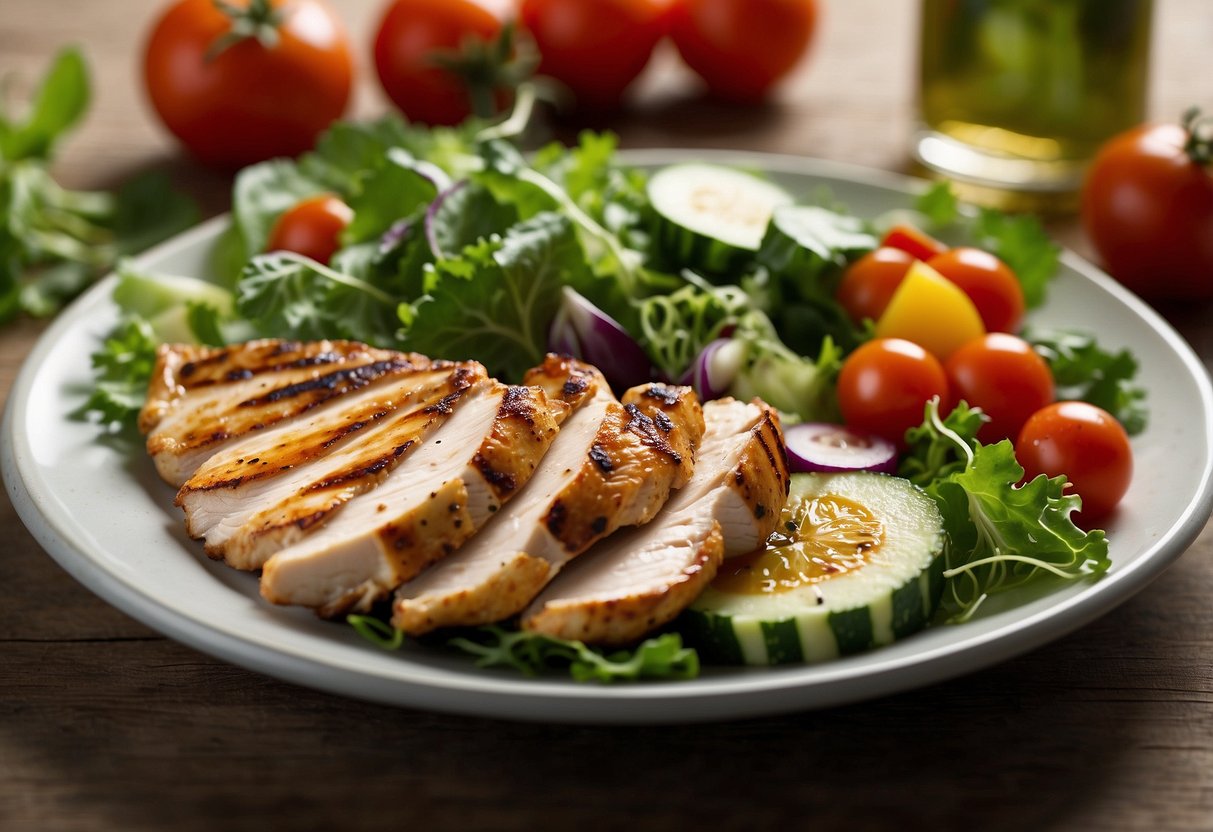 A colorful plate with grilled chicken, mixed greens, tomatoes, and cucumbers. A side of vinaigrette dressing. High-protein, low-calorie, low-carb meal